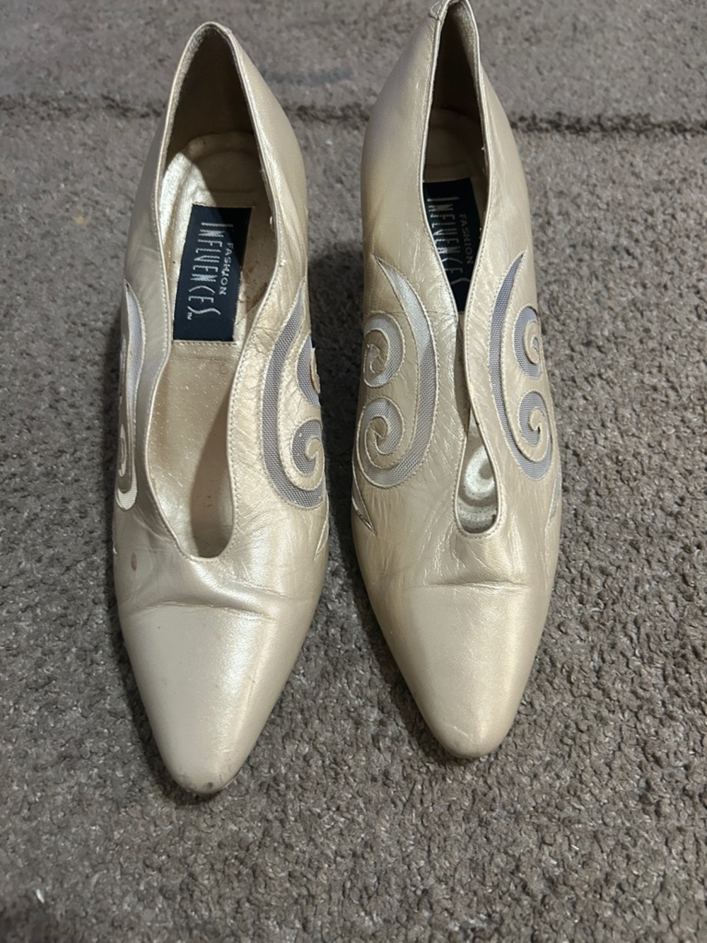 Cream Pointed Slip-On Heels with Swirl Detail